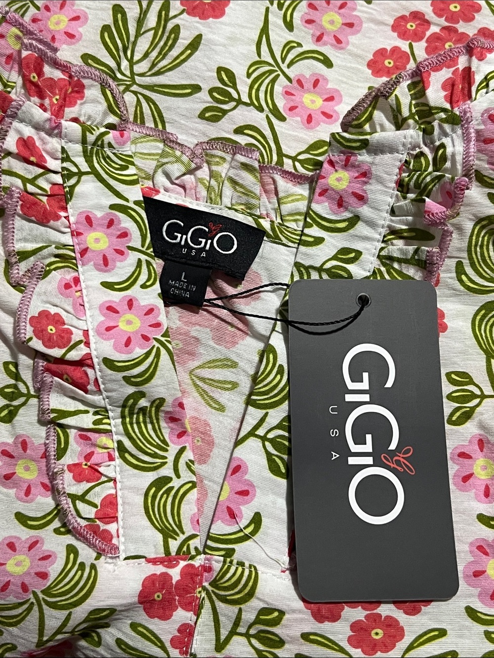 NWT GiGio USA Floral Pink & Green Top Blouse Shirt Large Pink Green Yellow - Picture 5 of 14